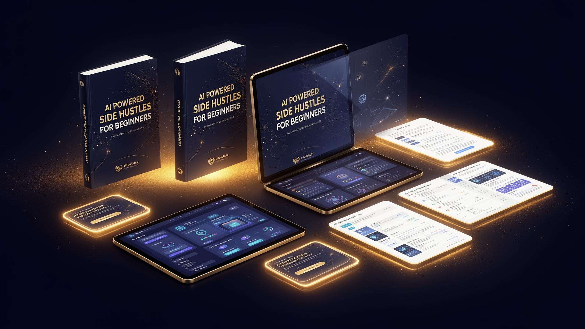 Snuggledesk AI side hustles bundle — ebooks, worksheets and prompts shown on laptop, tablet and phone